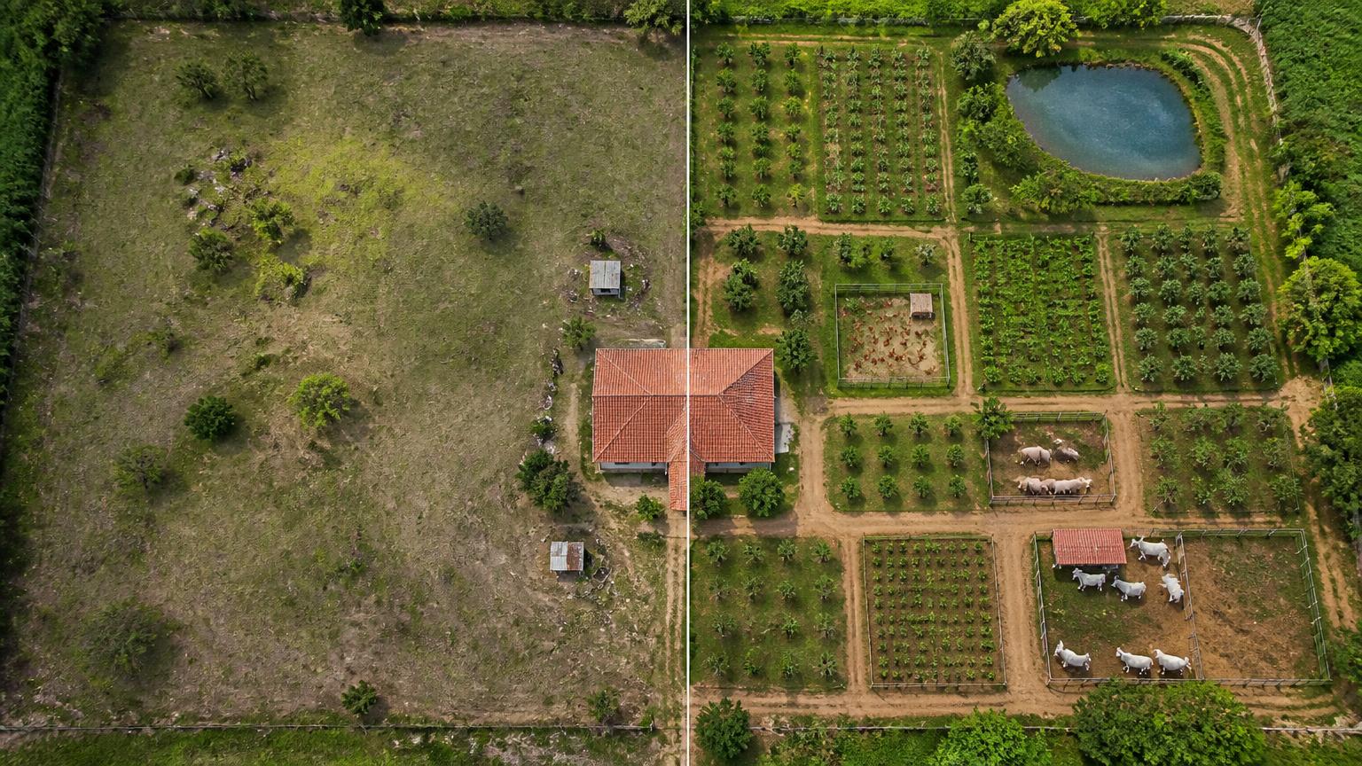 Vista aérea da mesma fazenda antes, vazia e desorganizada, e depois, com galinheiro, chiqueiro, curral, represa, pomar e plantações
